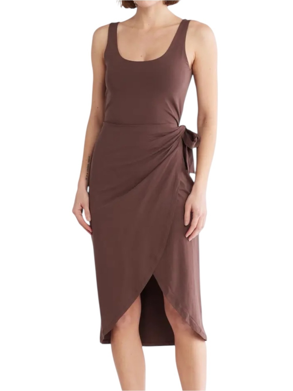 Beyond Yoga Intrigue Midi Dress  Brown XS Tie-Waist Wrap Jersey Knit NWOT